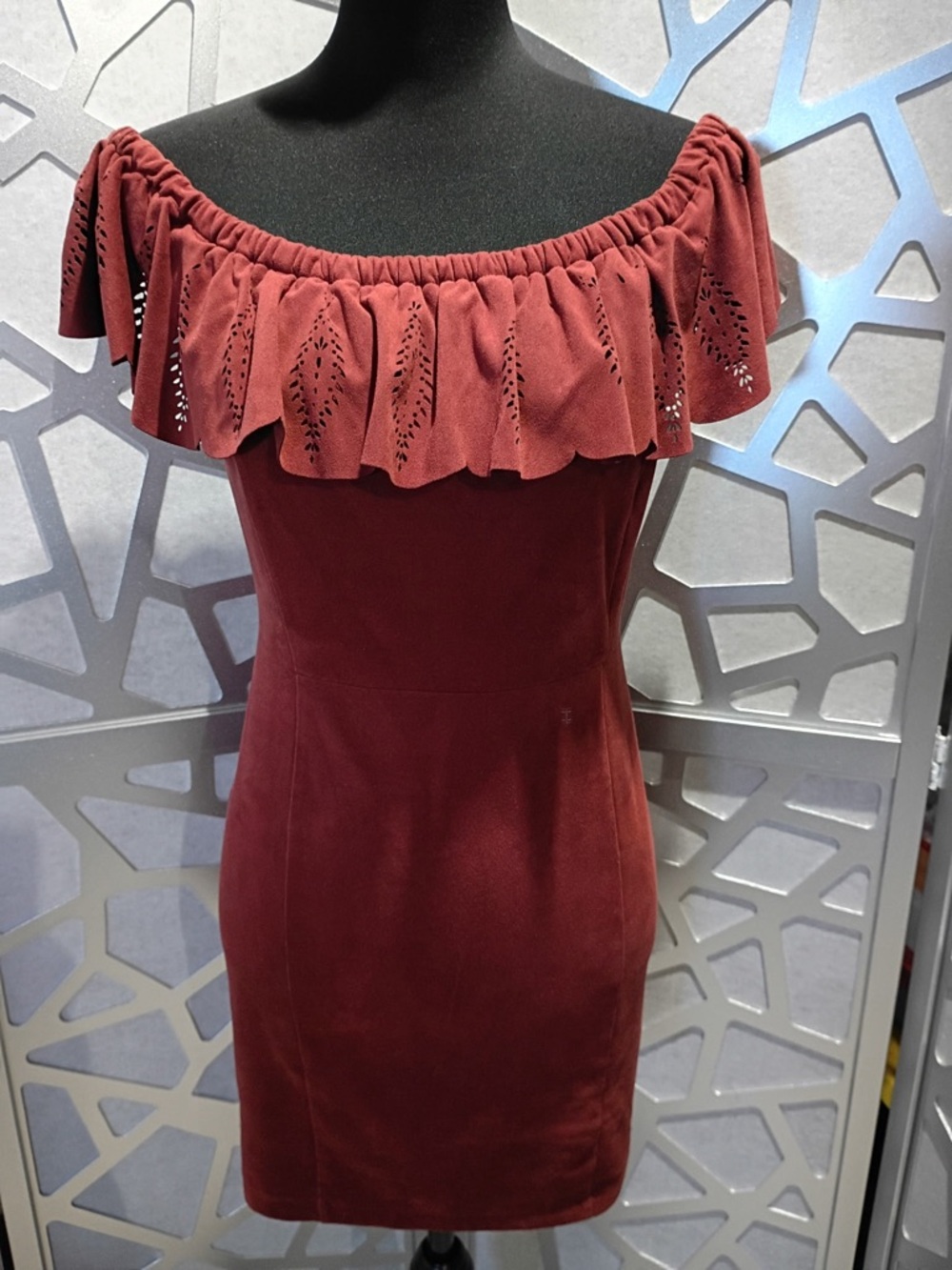 Shyanne One-Shoulder Ruffle Bodycon Dress in Burgundy - Picture 7 of 10